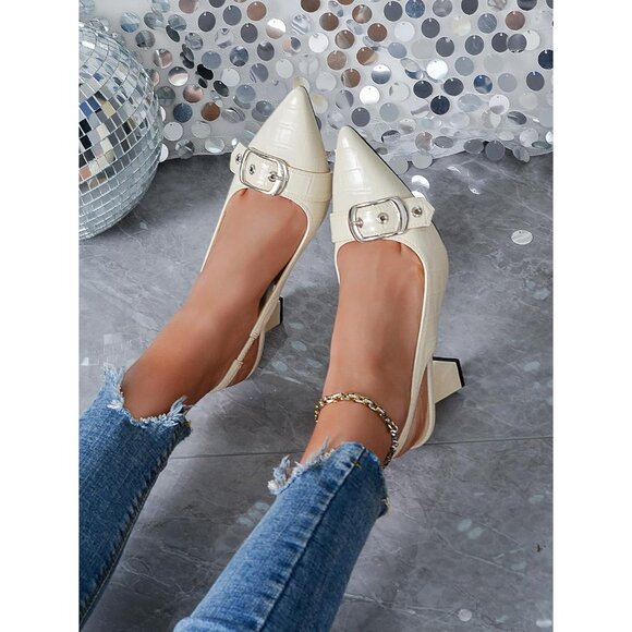 White Women Slingback Kitten Heels Pointed Toe Pumps Shoes with Buckle Strap - Picture 13 of 13